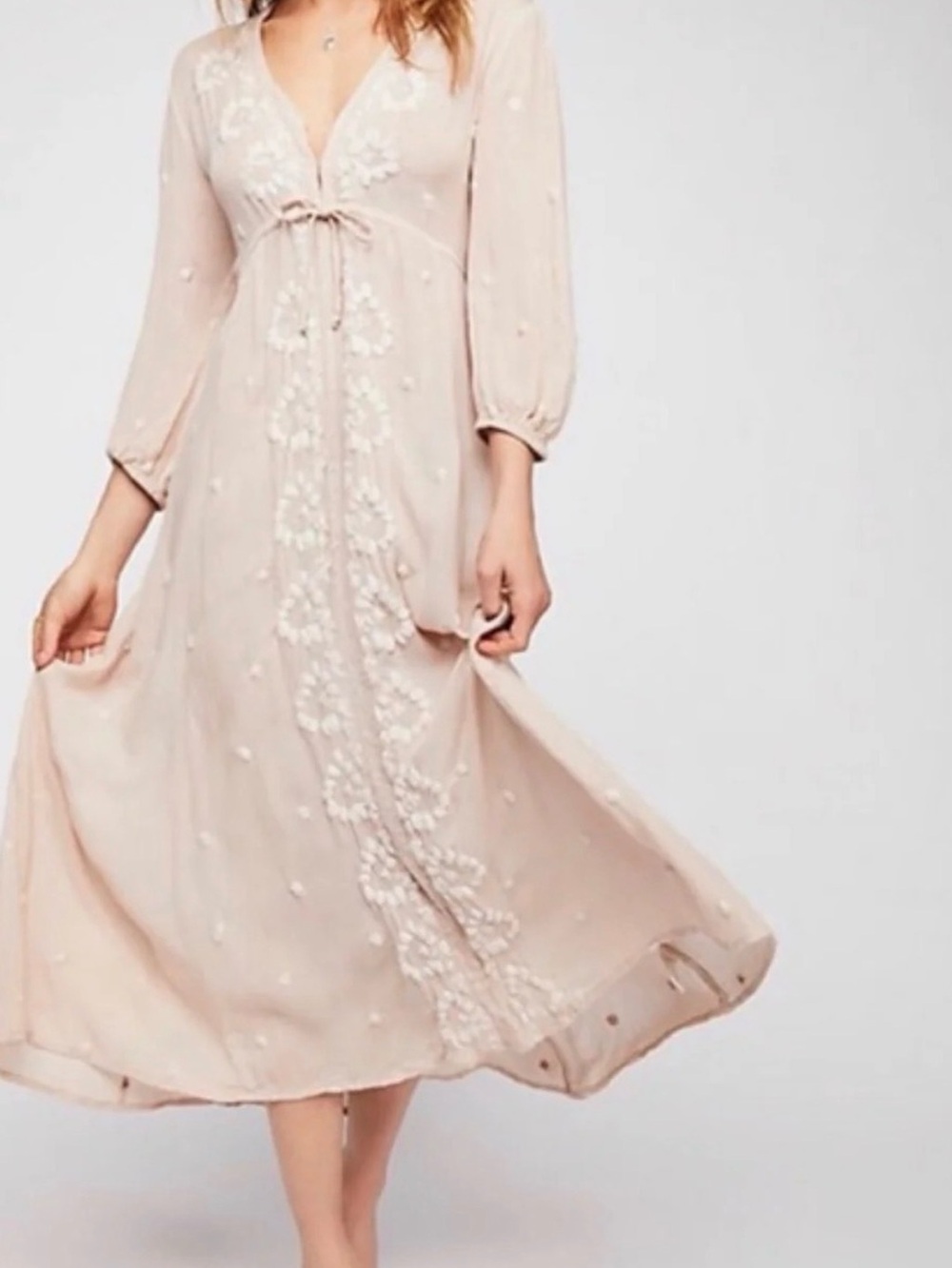 Free People Boho Embroidered V-Neck Midi Dress in Blush Pink